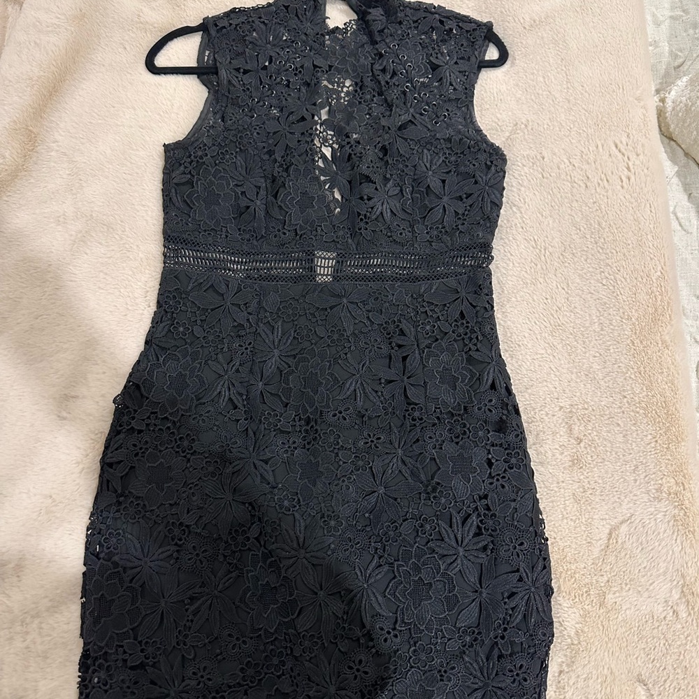 Bardot black lace midi dress
